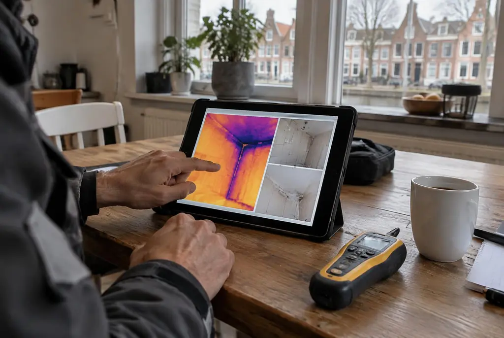 Lekdetectie Bennekom – lekdetectierapport met warmtebeelden en foto's op een tablet