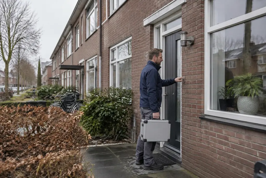 Lekdetectiespecialist met meetkoffer bij de voordeur van een woning in Bennekom